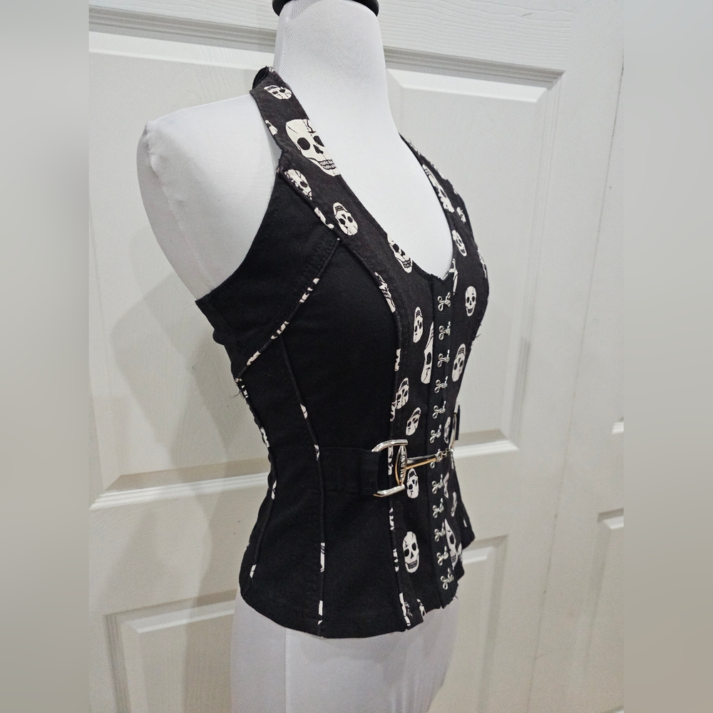 ~SOLD~ Hot Topic Vintage Rare Tripp Royal Bones Black White Skull Corset Top - Picture 3 of 8